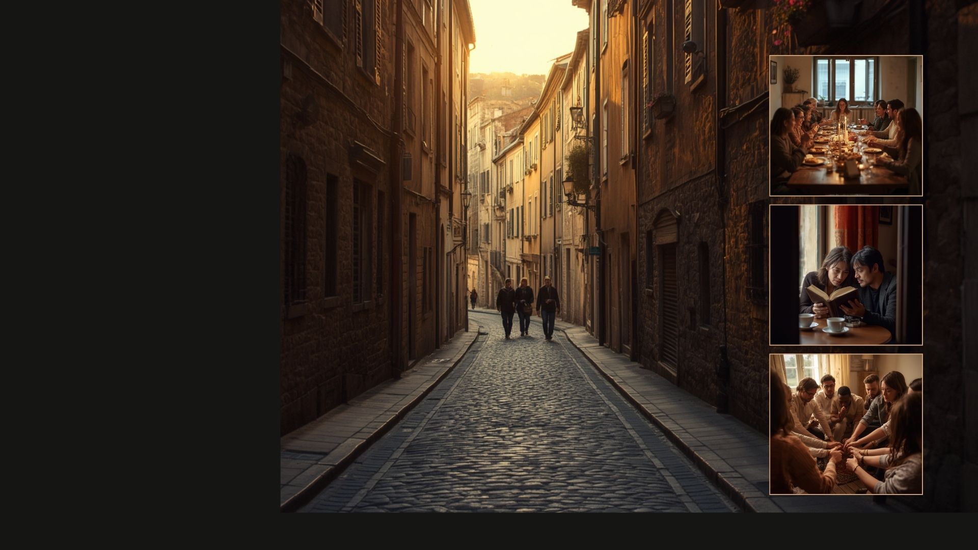 A sunlit European street leading toward a local community