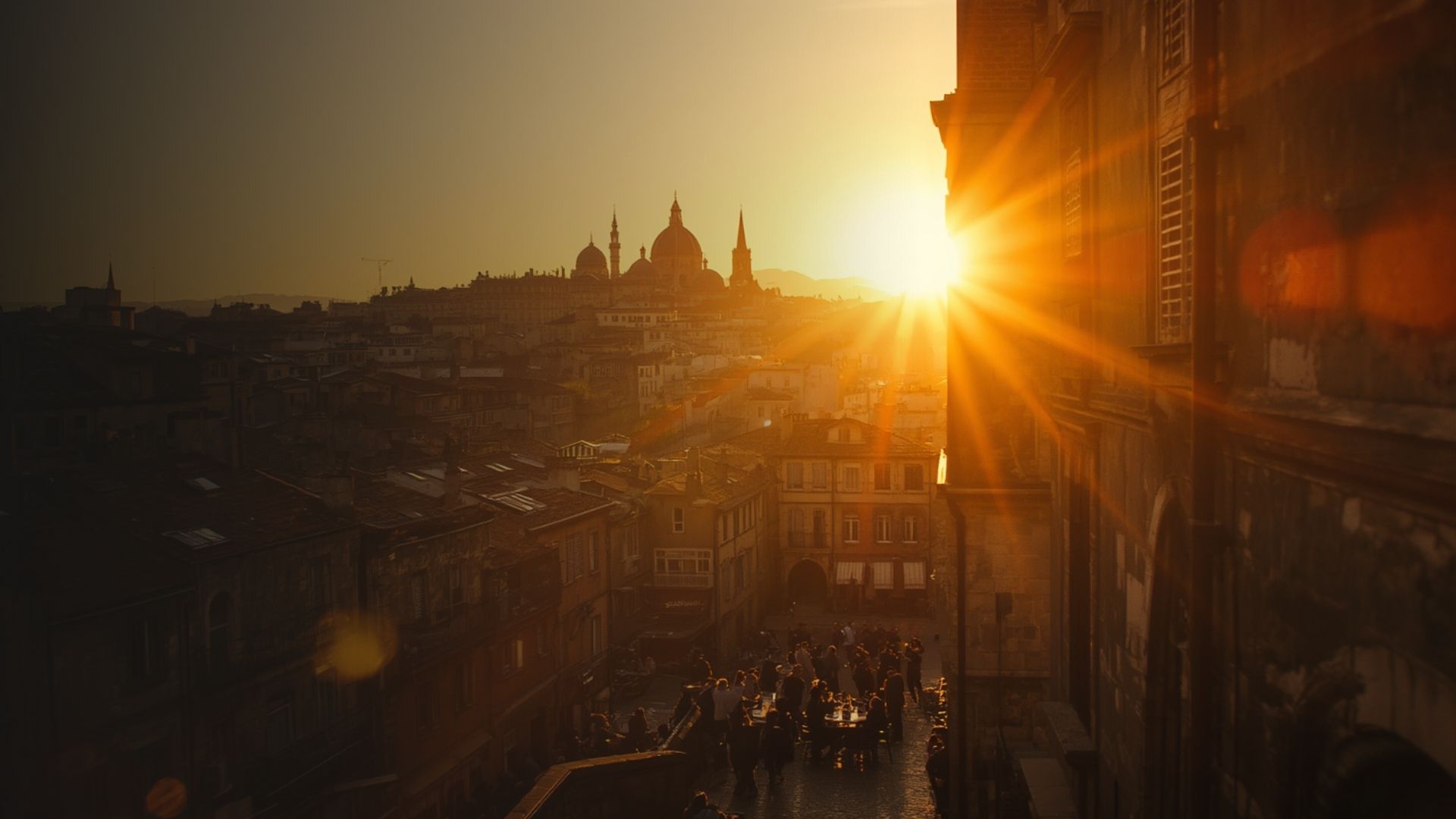 Sunrise over a European city